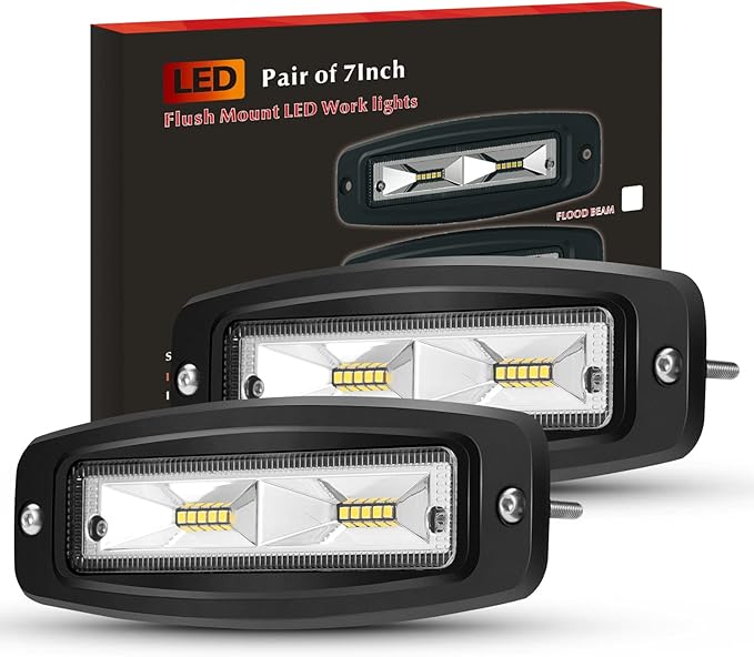 BUNKER INDUST 7" Inch Flood LED Light Pods,Pair Flush Mount LED Work Light 4800LM Light Bar Backup Driving Lights Waterproof for Truck Tractor Off Road 4x4 Jeep Pickup SUV ATV UTV Golf Cart