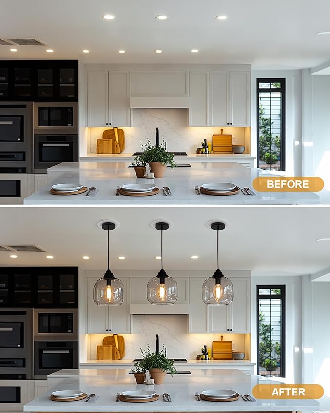 Recessed to Pendant Light Converter Kit 5 and 6 inch Can Light Conversion, Includes E26 Socket, Mounting Bracket, Round Ceiling Plate & White Cover