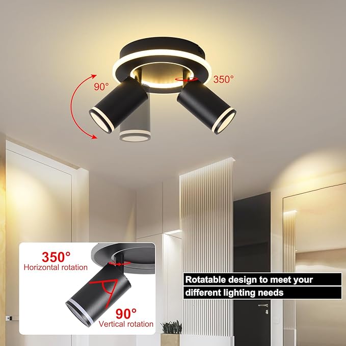 LED 2 Light Track Lighting Kit, Black Round Ceiling Spot Lighting Fixture with Flexibly Rotatable Heads, Modern Spotlight for Kitchen, Living Room, Bedroom, Dual Lighting Design,Includes 2 x GU10 Bulb