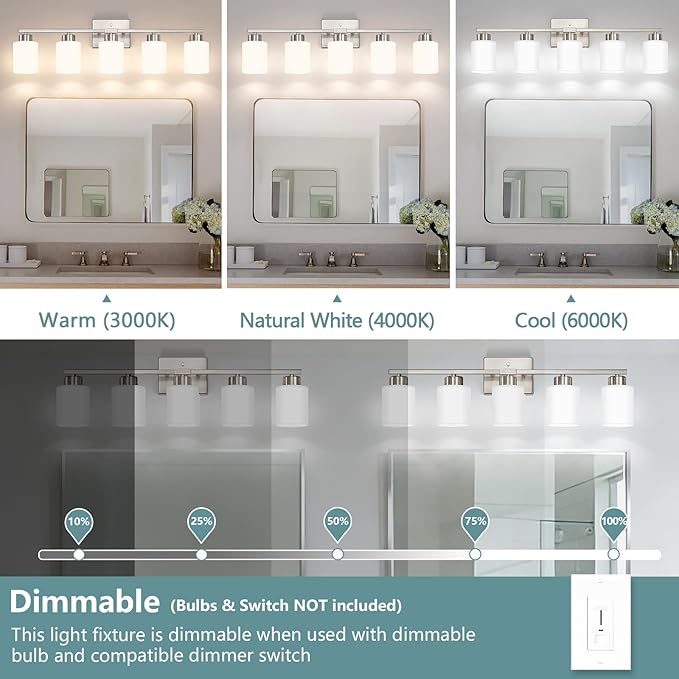 Brushed Nickel Bathroom Light Fixtures, 5-Light Modern Vanity Lights with Milky White Frosted Glass Shades, Wall Sconces for Mirror, Bathroom, Restroom (E26 Socket)