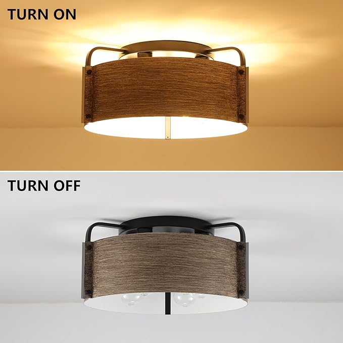 Flush Mount Ceiling Light, 4-Light Farmhouse Ceiling Light Fixture Metal Wood Grain Finish Close to Ceiling Lights for Living Room Kitchen Island Dining Room, E26 Base(Not Included Blub)