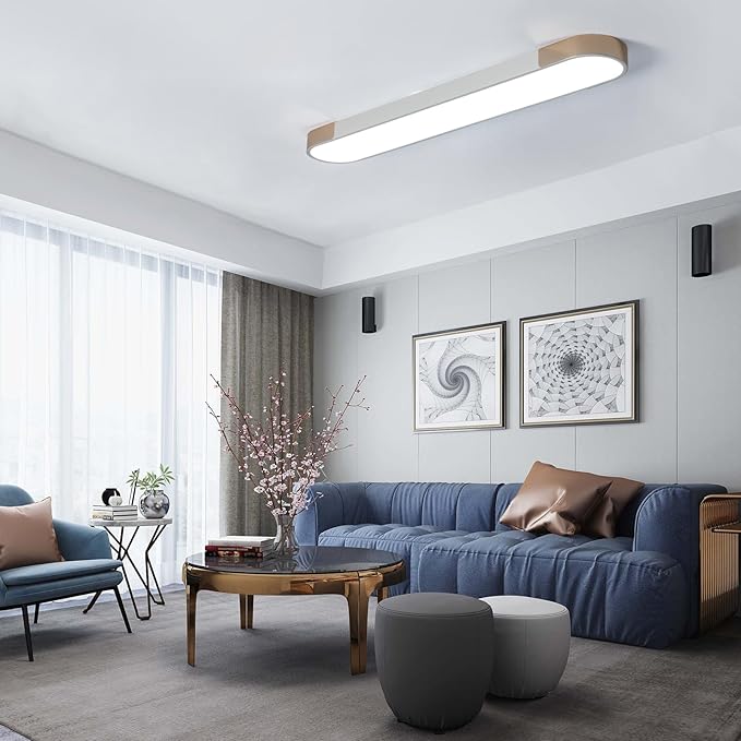 Qcyuui Modern LED Ceiling Light,39.4 Inch Dimmable LED Flush Mount Ceiling Lights,White and Gold Long Ceiling Light Fixture for Office Bedroom Kitchen Hallway (48W/3000-6500K)