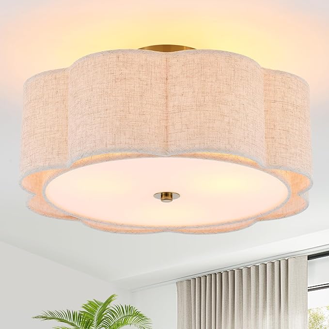 Semi Flush Mount Ceiling Light, Beige Linen Fabric Shade Ceiling Light, Golden Modern Farmhouse Close to Ceiling Light for Bedroom, Hallway, Living Room, Dining Room, Laundry Room