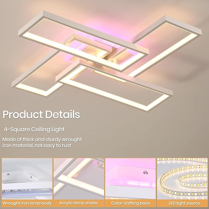 Modern LED Ceiling Lights for Bedroom,50W Led Flush Mount Ceiling Lamp,Dimmable Square Ceiling Light Fixture with Remote Control for Living Room,Kitchen,Balcony,White,3000-6000K