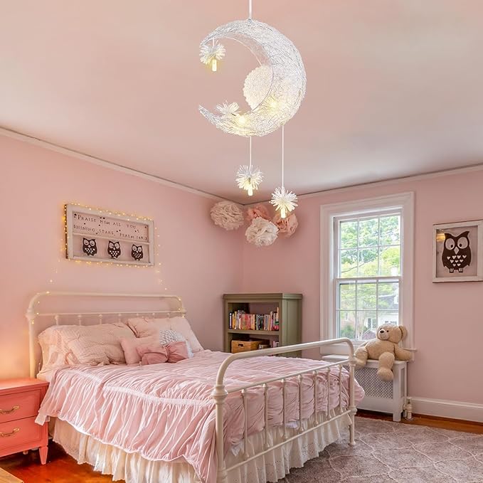 TISLYCO Kids Ceiling Light, Moon Chandelier, Girls Chandelier for Bedroom, Stars Moon Chandeliers Nursery Light Fixture