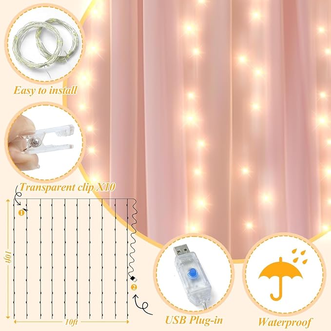 Ledido 10×10ft Pink Tulle Backdrop Curtains with Lights String - 300LED Fairy Lights Sheer Curtain Backdrop for Wedding Baby Shower Photo Shoot Birthday Party Decoration(2 Panels 5×10ft)，Pink