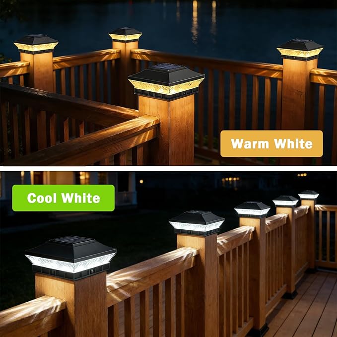 Solar Post Cap Lights Outdoor 12-Pack, Waterproof Solar Fence Post Lights Fit 3.5x3.5 4x4 Wood/Vinyl Posts, Solar Powered Deck Post Lights with 2 Modes(Warm/Cool White), Ideal for Garden Patio, Black