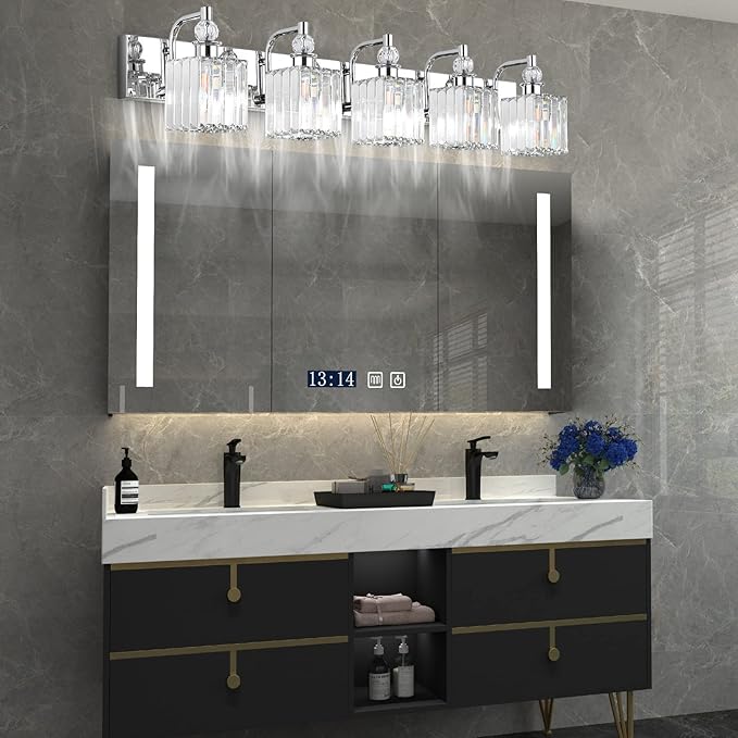Ralbay Modern Crystal Bathroom Vanity Light 5 Light 40''Chrome Vanity Lighting Over Mirror Bathroom Wall Lighting Fixtures