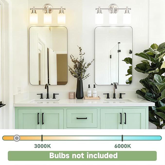 3-Light Bathroom Vanity Light Fixture, Brushed Nickel Compact Vanity Light with White Frosted Glass Shades for Mirror, Bathroom, Living Room, Modern Style, E26 Base, 16 Inch