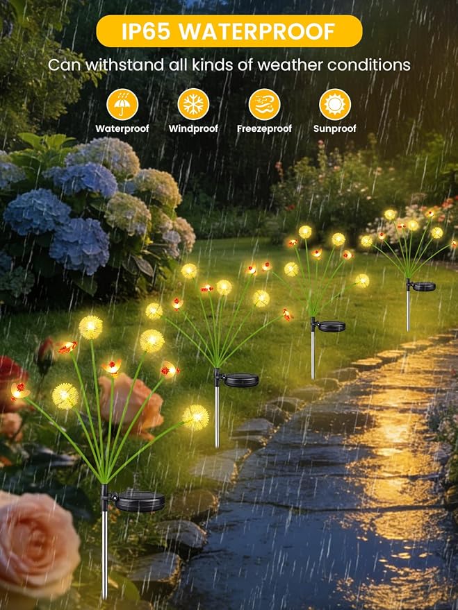 Solar Garden Lights Outdoor, 6 Pack 48 LED, Solar Swaying Dandelion Bee Lights Waterproof, Swaying Firefly Lights for Yard Pathway Lawn Patio Decorations, 2 modes (Steady on, Slow Twinkle), Warm White