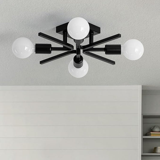 4-Light Sputnik Light Fixture Black Flush Mount Lights Industrial Semi Flush Lighting Fixtures Ceiling 19 inch Modern Farmhouse Ceiling Lights for Kitchen Bedroom Bathroom Foyer Hallway (E26)