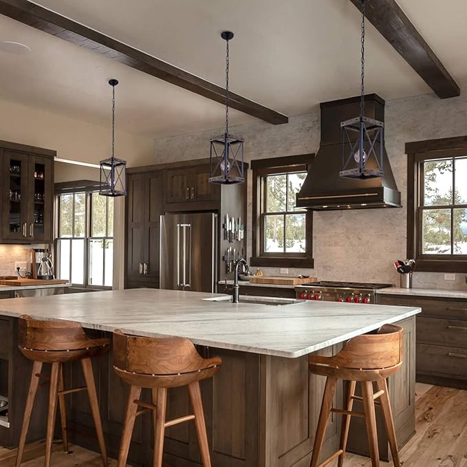 VILUXY Farmhouse Pendant Light for Kitchen Island 1-Light Wood Pendant Hanging Lamp Black Metal Cage Pendant Lantern Lighting for Dining Room Kitchen Hallway