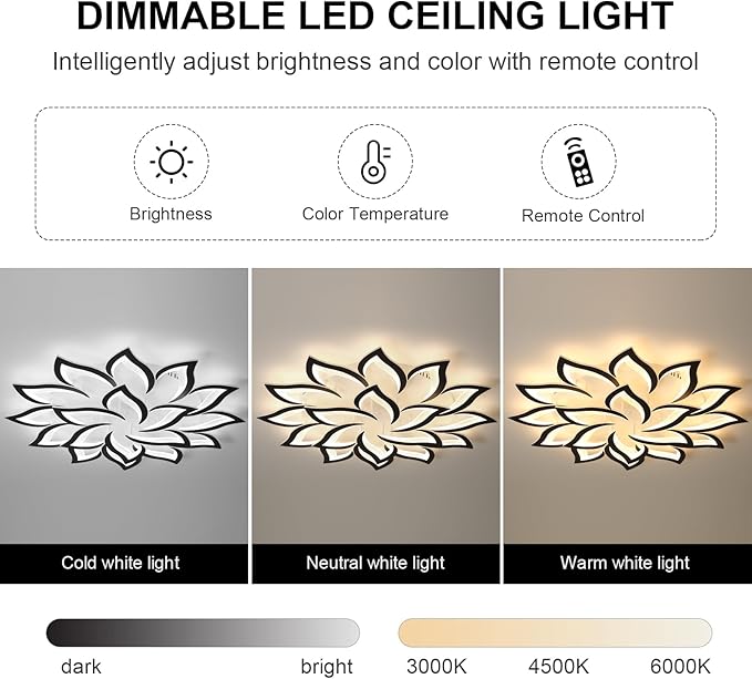 JAYMP 39.4" Flower Shaped Ceiling Light Dimmable Modern Ceiling Lamp Remote Control LED Lighting Fixture for Living Room Dining Room Farmhouse (Black/18 Petals)