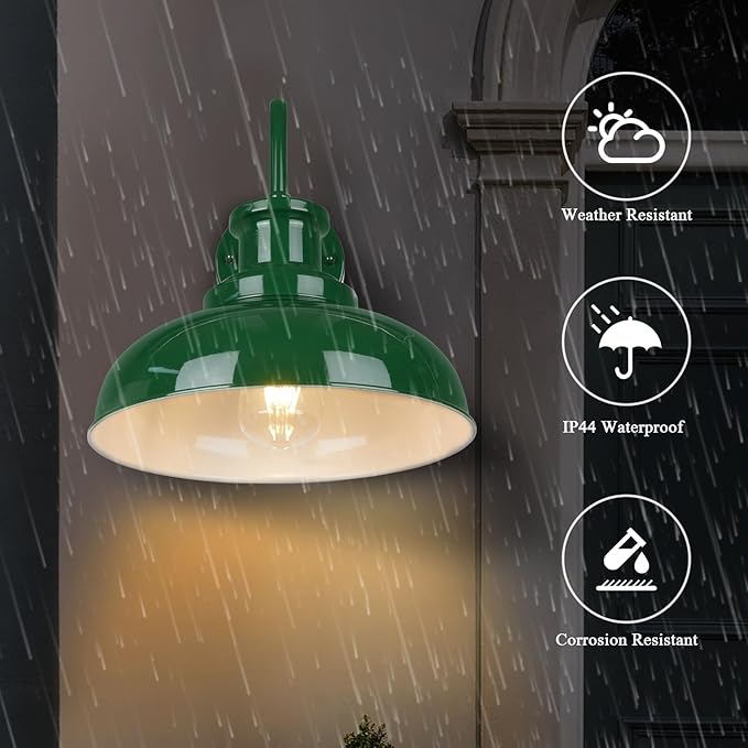 Outdoor Barn Lights - Rustic Farmhouse Exterior Mount Lights, Vintage Indoor/Outdoor Wall Lighting Fixtures, Industrial Green White Porch & Garage Lanterns - RZ007-2 GR+WH