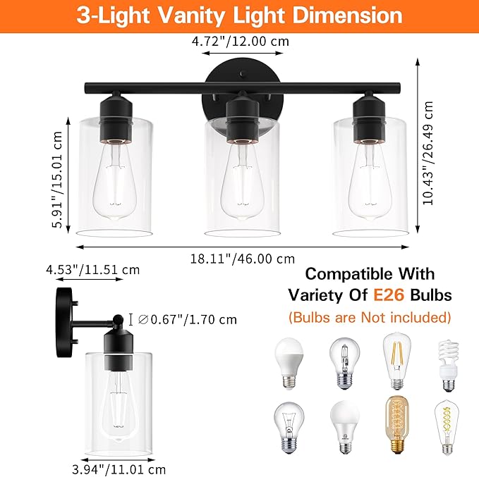 Espird Bathroom Vanity Light Fixtures Matte Black Bathroom Lighting Fixture, 3 Lights Bathroom Light Fixture Over Mirror, Modern Black Vanity Light, UL Certified Wall Sconces with Glass Shades