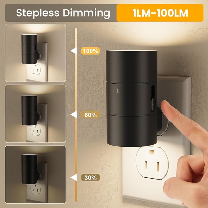 VOLISUN Night Light, Dimmable Led Night Lights Plug into Wall, Amber/3000K/4500K, 0-100LM Adjustable Brightness, Dusk to Dawn Nightlight for Hallway, Bathroom, Bedroom Black 4 Pack