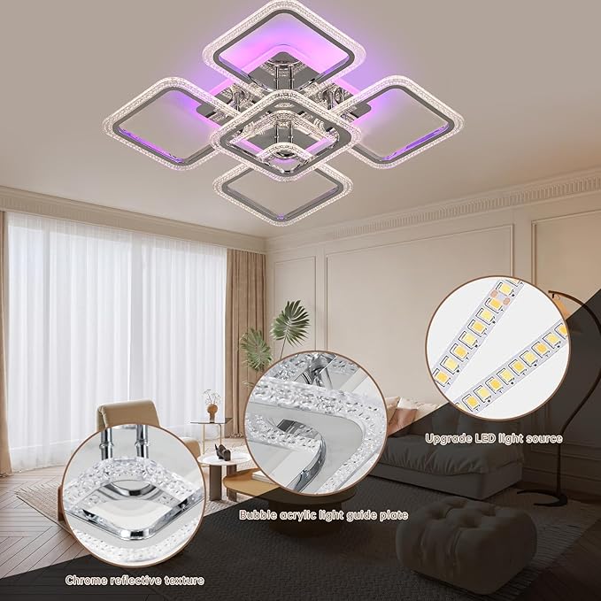 Modern LED Ceiling Lights,80W Flush Mount Ceiling Light with Remote,5 Squares Dimmable Brightness, Adjustable 3000-6000K Color Temperature for Living Room,Laundry Room,Hallway,Chrome