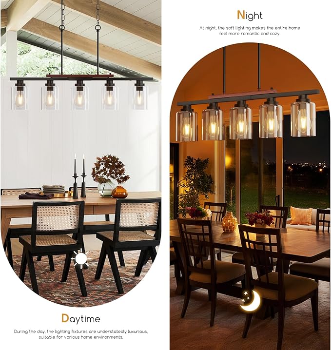 5-Light Kitchen Island Light, 33.4" Island Lighting with Black Metal & Wood, Dining Room Light Fixture for Kitchen Island, Adjustable Height (Bulbs Not Included)