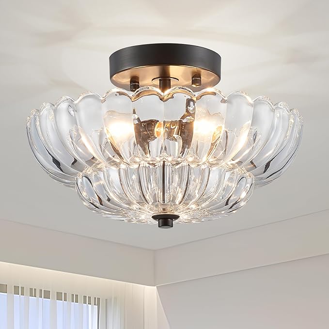 XINGQI Semi Flush Mount Ceiling Light Fixture Modern Black 3-Light Scalloped Glass Close to Ceiling Lighting for Living Room Entryway Bedroom Closet Hallway (Bulb Not Included)