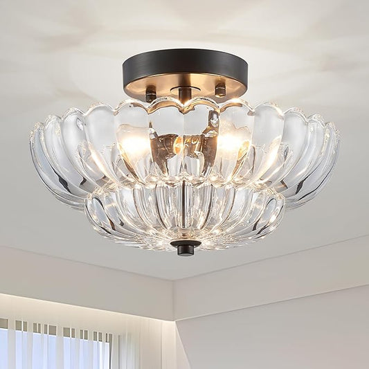 XINGQI Semi Flush Mount Ceiling Light Fixture Modern Black 3-Light Scalloped Glass Close to Ceiling Lighting for Living Room Entryway Bedroom Closet Hallway (Bulb Not Included)