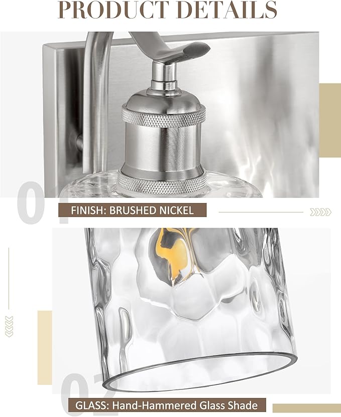 Bathroom Vanity Light Fixtures Over Mirror 4-Light Hammered Glass Wall Mounted Modern Brushed Nickel - VL01BNH-4