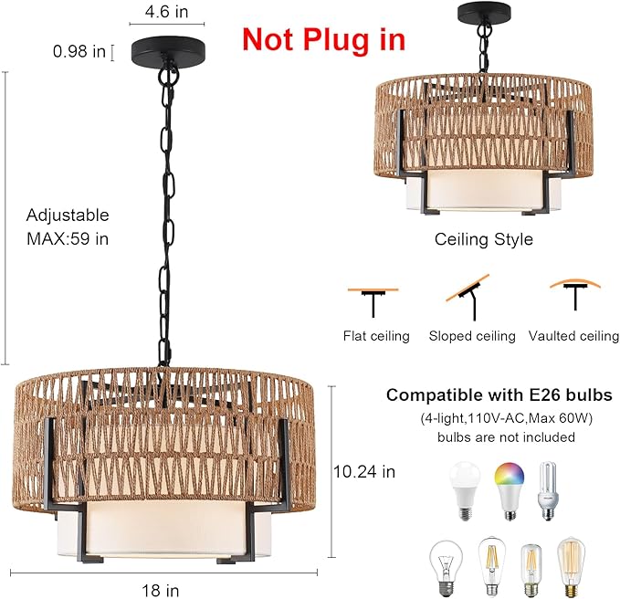 4-Light Boho Rattan Chandelier, 18" Rattan Pendant Light with Fabric Shade, Farmhouse Boho Hanging Chandelier for Dining Room, Living Room, Kitchen Island, Bedroom, Hallway, Foyer