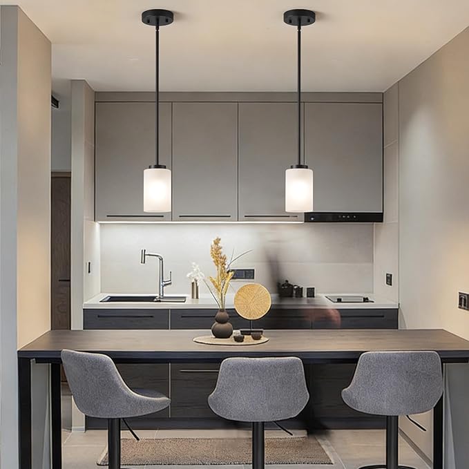 3 Pack Pendant Light Fixtures, Kitchen Island Hanging Ceiling Lights with White Frosted Glass Shades, Adjustable House Indoor Light for Bedroom Living Room, Black