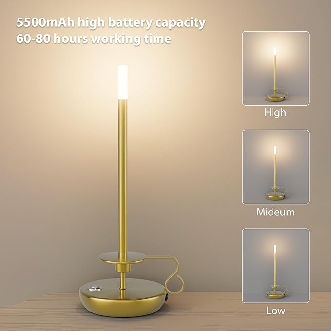 2 Pack 3000K Cordless LED Table Lamp, Battery Powered Stepless Dimmable Rechargeable Table Lamp for Dinner/Dining/Bedroom/Bar/Camping(Gold)
