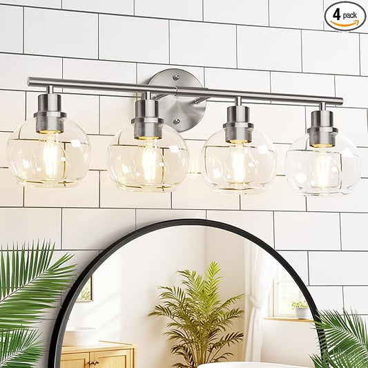 Indoi 4-Light Bathroom Light Fixtures, Brushed Nickel Modern Vanity Lights Over Mirror with Clear Glass Globe Shade, Bathroom Wall Sconces for Mirror Kitchen Living Room Hallway Cabinet Bedroom Porch