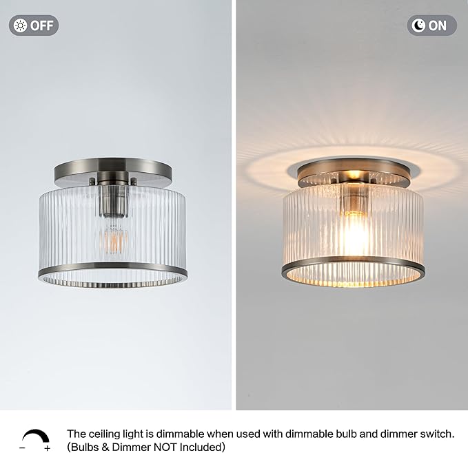 Zlepmlla Glass Ceiling Light, Clear Ribbed Glass Ceiling Light Fixture with Nickel Metal Frame, Modern Semi Flush Mount Ceiling Light for Hallway,Entryway, Bedroom, Bathroom, Kitchen