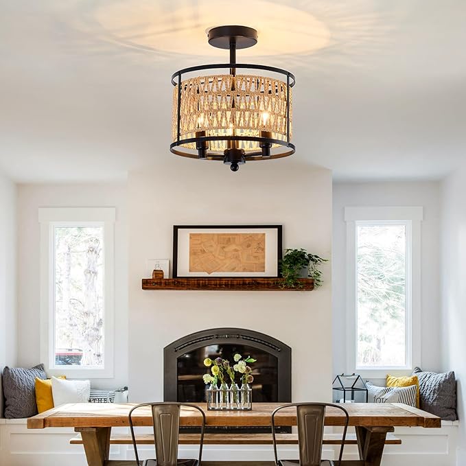 3 Light Rattan Ceiling Light Fixture 11inch Boho Semi Flush Mount Ceiling Light Black Hand-Woven Cage Wicker Chandelier for Farmhouse Bedroom Hallway Entryway Kitchen