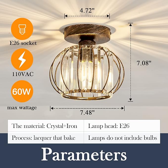 YYJLX Semi Flush Mount Ceiling Light Fixture E26 Mini Crystal Chandelier Oil Rubbed Bronze Small Ceiling Lamp for Entryway Bedroom Bathroom Hallway Closet Foyer Light