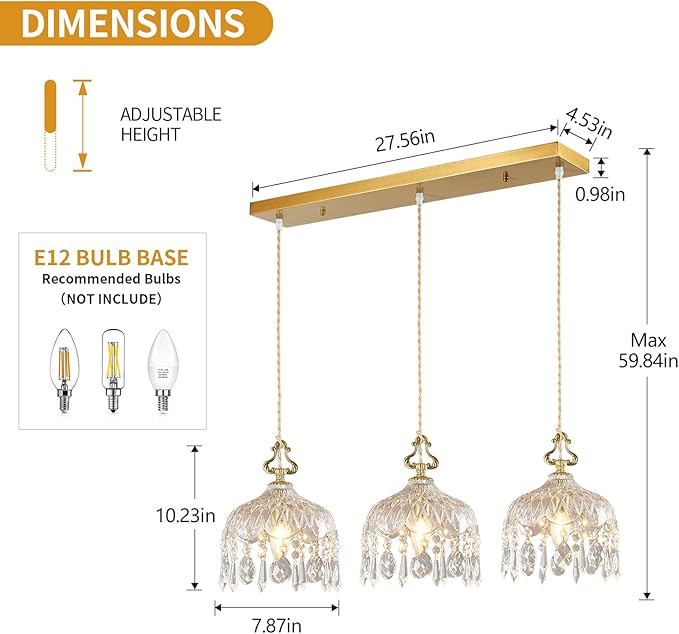 3-Light Pendant Light Fixtures Brass Vintage Glass Pendant Lights Crystal Hanging Light Fixtures,Adjustable Height Pendant Lighting for Dining Room Living Room Bedroom Hallway(Long Chassis)