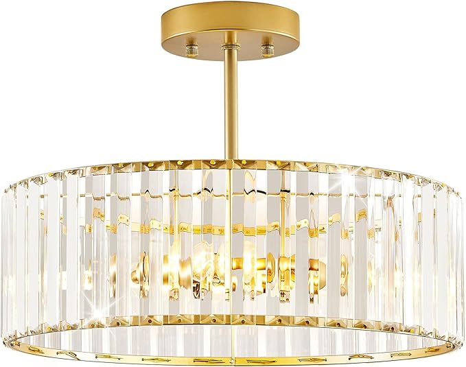 Glod Crystal Ceiling Light Fixture, Modern Semi Flush Chandelier, Round Hanging Lighting Chandeliers for Dining Room, Kitchen, Bedroom, 3-Light, 15.74 Inch