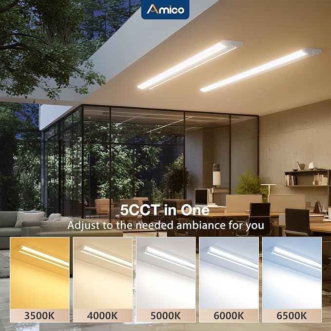 Amico 4 Pack 4FT LED Wraparound Light with 5CCT Selectable, 3500K/4000K/5000K/6000K/6500K, 30/40/50W, 6500LM Super Bright Flush Mount 4 Foot Office Ceiling Light for Kitchen Garage