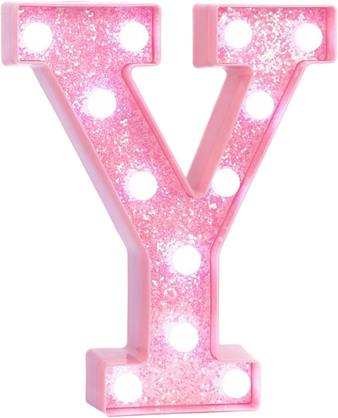 Pink Marquee Light Up Letters, Glitter Alphabet LED Letter Lights for Pink Birthday Party Decorations, Battery Operated Letter Sign for Girls Room Vanity Table Decor, Cool White Lights Letter Y