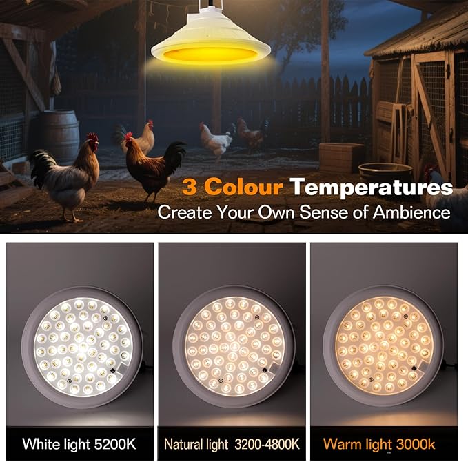 Solar Chicken Coop Light with Timer | Three-Color Dimmable LED, IP66 Waterproof Hanging Ceiling Pendant Light Suitable for Poultry Farms,Coops,Patio,Camping,Garage etc (White)