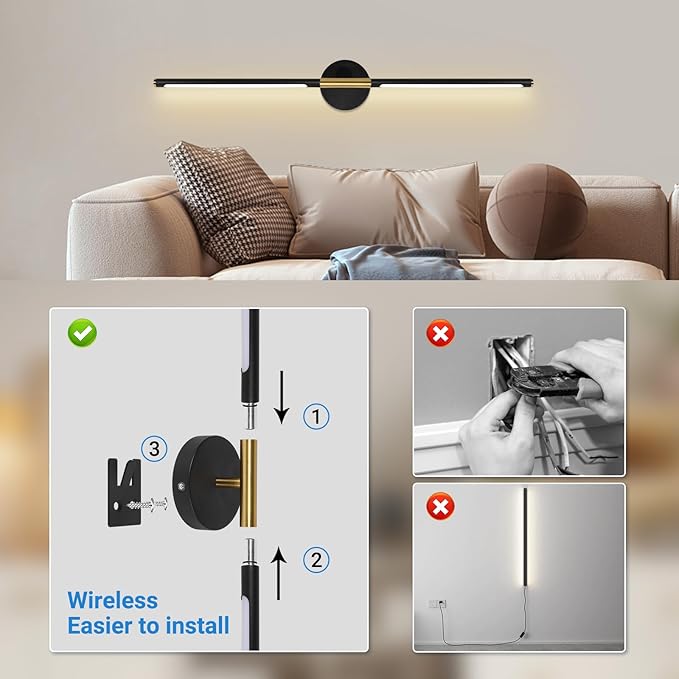 TaoFiaCo Battery Operated Wall Sconces Set of Two, 360°Rotate Wireless Rechargeable Wall Sconces with Remote Control, Black Gold, Dimmable, Timing Decor Lights for Bedroom Hallway, 31.5 Inch
