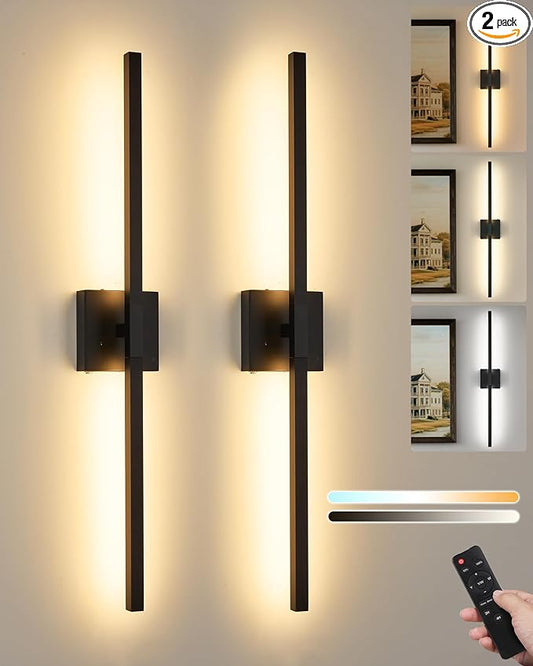8000mAh Battery Operated Wall Sconce Set of 2, 3000K-6000K Dimmable Rechargeable Cordless Wall Sconces with Remote Control, Modern LED Wall Light with Timer Function for Living Room, 32 Inch Black