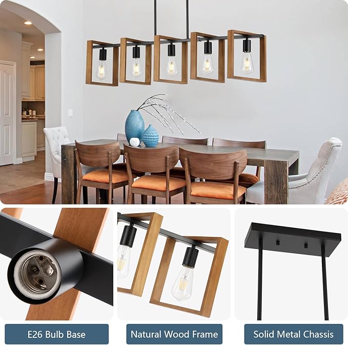 9MMML 41.5" Kitchen Island Lighting,5 Lights Dining Room Light Fixtures, Rustic Farmhouse Height Adjustable Wood Chandeliers for Kitchen, Pool Table Lights, Black Body+Wood Frame,E26.