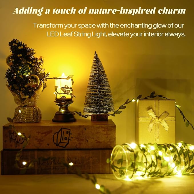 2pcs 6.5Ft Green Leaves String Lights 20 LED Fairy Lights Battery Operated Artificial Ivy Leaf Garland with Light for Indoor Home Wall Birthday Wedding Decor