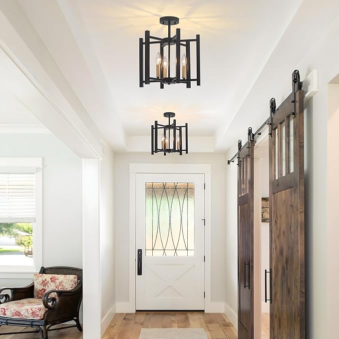 14.6'' Ceiling Light Fixture, 3-Light Black and Gold Semi Flush Mount Ceiling Light Fixture, Modern Farmhouse Industrial Ceiling Light for Hallway Entryway Kitchen Dining Room Bedroom