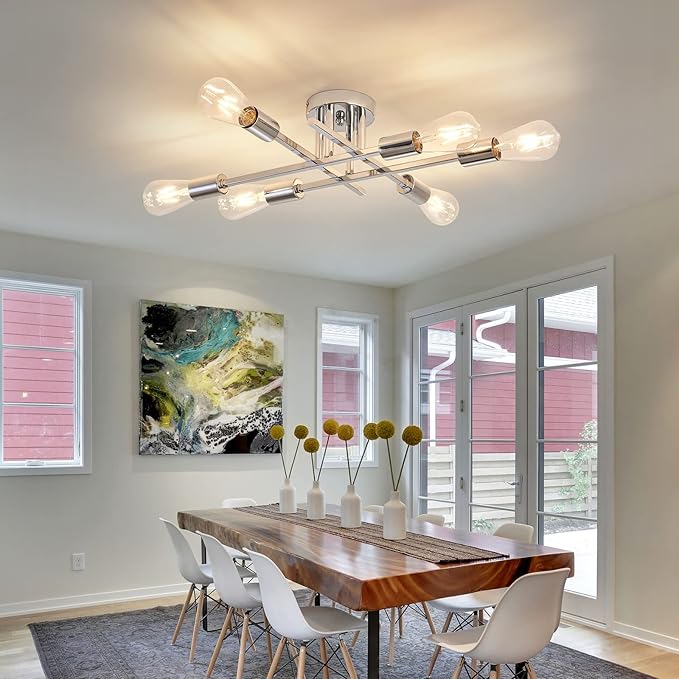 ZGLAOJT 6-Lights Semi Flush Mount Ceiling Light Fixture，Chrome Industrial Chandelier，Farmhouse Lighting for Dining Room Living Room Kitchen Bedroom