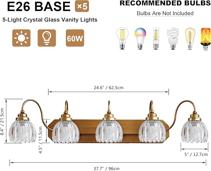 Gold Vanity Light, Vintage Bathroom Light Fixtures, 5-Light Matte Antique Brass Finish with Crystal Glass Shade, Mid Century Style Wall Sconces for Bedroom, Living Room