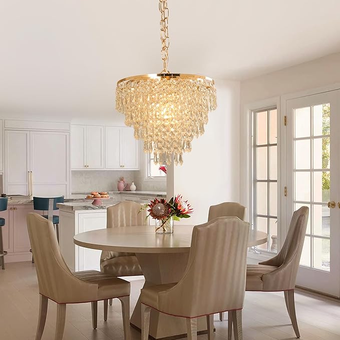 FRIXCHUR 11.8'' Crystal Chandelier Gold Crystal Ceiling Light Led Flush Mount Crystal Ceiling Pendant Light Metal LED Crystal Pendant Light for Bedroom Living Room Foyer