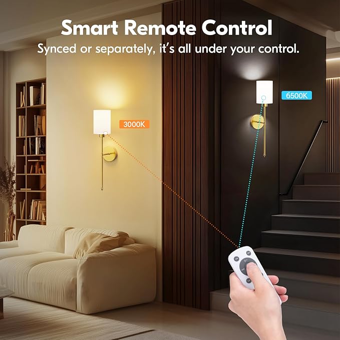 NIORSUN 24 inch Battery Operated Wall Sconce Set of 2, Gold Wireless Rechargeable Wall Lights with 5200mAh Dimmable Detachable Bulbs and Remote, 9 Colors Sconces Wall Decor for Bedroom Living Room
