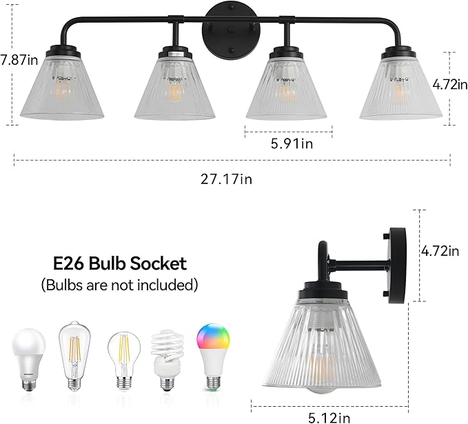 Modern Black Bathroom Vanity Light, 4-Light Wall Sconce with Clear Ribbed Glass Shades, Farmhouse Industrial Light Fixture for Bathroom, Vanity Mirror, Powder Room, Hallway (black, Powder Coated, 4)