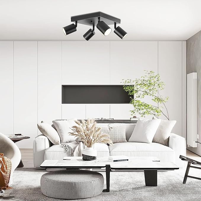 Ketom Ceiling Spot Lights Indoor: 4 Lights Led Flush Mount Ceiling Light Fixture GU10 Head Modern Black Adjustable Directional Light for Kitchen Bathroom Bedroom Hallway