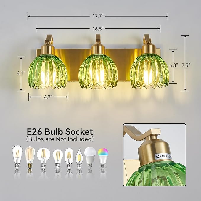 3-Light Vanity Lights with Green Tulip Glass Shade, Gold Bathroom Lighting Fixture Over Mirror, Vintage Vanity Wall Sconce Lamp for Kitchen Living Room Hallway