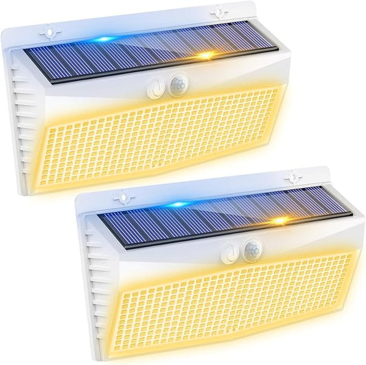 Peasur 2 Pack 368 LED Solar Lights Outdoor Motion Sensor, Solar Fence with 3 Lighting Modes, Powered Security Waterproof for Outside Yard Wall Garden,White Warm